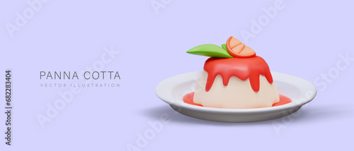 Blood orange panna cotta with red syrup, fruit slice, green leaf. Appetizing serving of cold dessert. Cooling dish for summer. Gelatin cream dessert. Banner on purple background