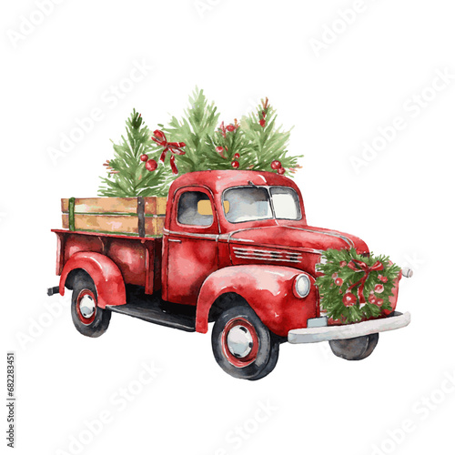 Red retro car truck with gift box and christmas tree on top and snow watercolor paint for holiday greeting card design