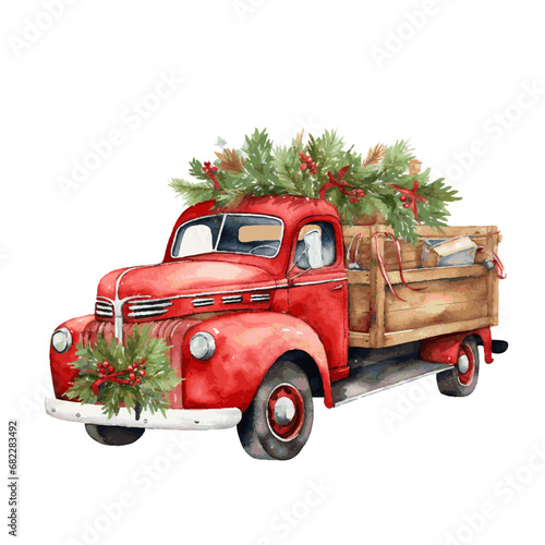 Red retro car truck with gift box and christmas tree on top and snow watercolor paint for holiday greeting card design
