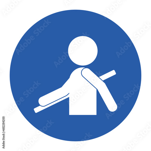 Blue round sign of man use stair and holding on handrail, for indoor safety stairway sign