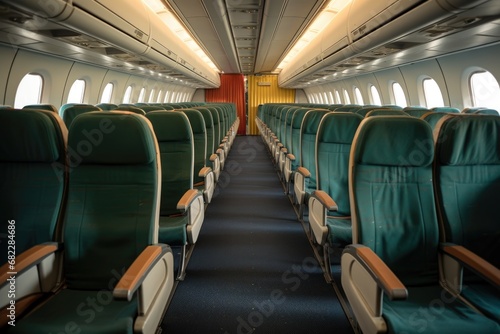 rows of seats inside an empty commercial aircraft