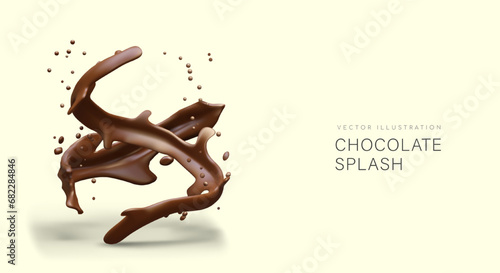 Chocolate sprinkles, splashes. Streams and drops of melted chocolate. Aromatic hot drink. Dessert design template. Color illustration in realistic style. Advertising concept