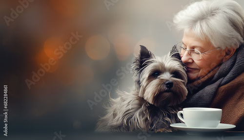 Old woman drinking coffee in cafe with dog, March 8 World Women's Day photo