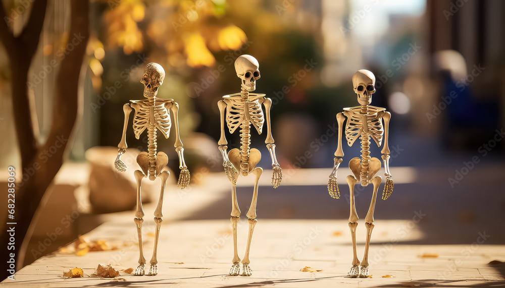 Three skeletons walking down the street and talking autumn - obrazy, fototapety, plakaty 