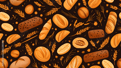 Freshly baked bread and pastries pattern, seamless texture