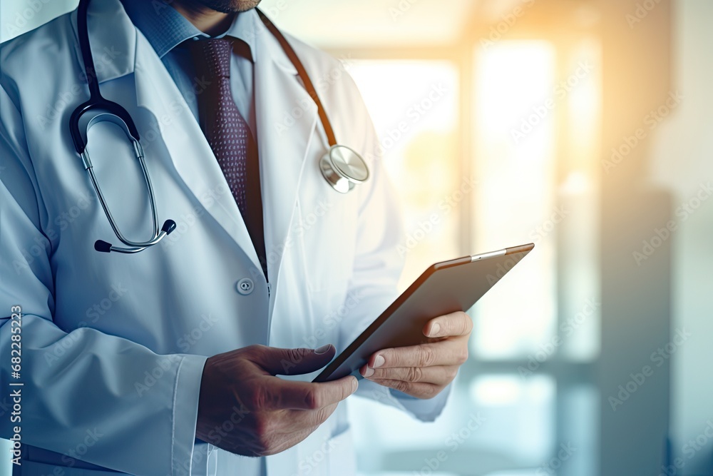Handsome man doctor in lab coat using tablet computer in clinic. Handsome man doctor in lab coat using tablet computer in clinic.