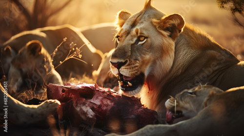 lion eating fresh meat, Lion's Feast: Fresh Meat Delight background generative ai photo