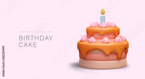 Birthday cake. Multi layered dessert with topping, whipped cream and candle. Luxurious festive sweet dish. Color advertising poster for confectionery, cafe, restaurant