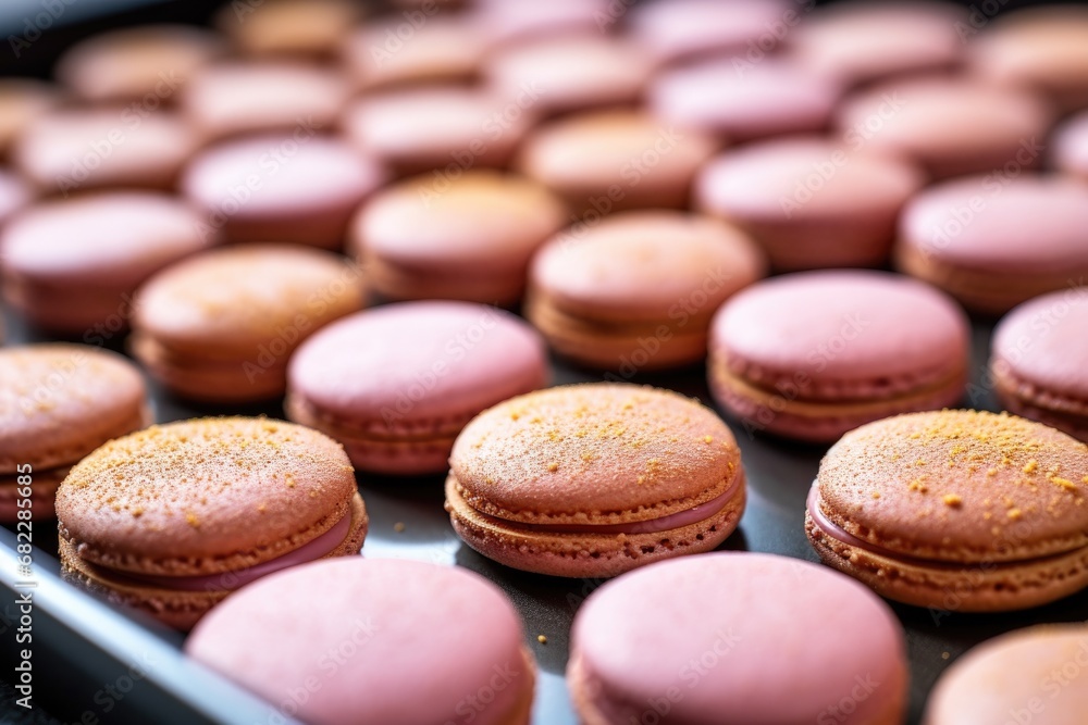 a close-up of a baking tray with perfectly round macarons a close-up of a baking tray with perfectly round macarons