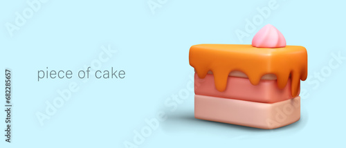 3D piece of cake with layers of different colors. Dessert with topping and whipped cream. Portion serving of sweet pastries. Tasting in confectionery shop. Commercial concept on blue background