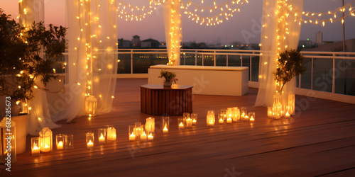 Night wedding ceremony with arch, flowers, chairs and bulb lights in terrace outdoors, copy space. Wedding decorations photo