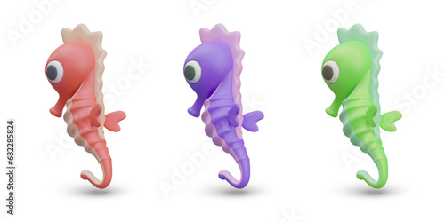 Cute seahorses in cartoon style. Set of purple, pink, green images. Sea creature, rear view. Concept for zoo, aquarium. Illustration for children site, game, application