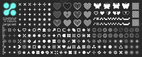 Y2K futuristic retro design elements. Big collection of abstract graphic symbols and signs, geometric figures. Vector illustration, buttons, logos, decorations.