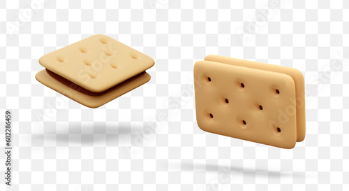 Rectangular realistic cookie sandwich. Crispy pastry with filling, cracker. Salty biscuit. Textured detailed vector image. Isolated object in different positions. Templates for web design