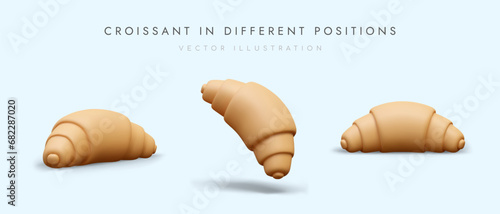 Set of croissants in different positions. Sweet pastries without decoration. Raw unbaked croissant. Dough product prepared for baking. Illustration for culinary site, blog, app