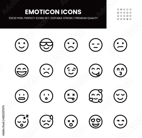 Emoji or Emoticon icons set in 32 x 32 pixel perfect with editable stroke