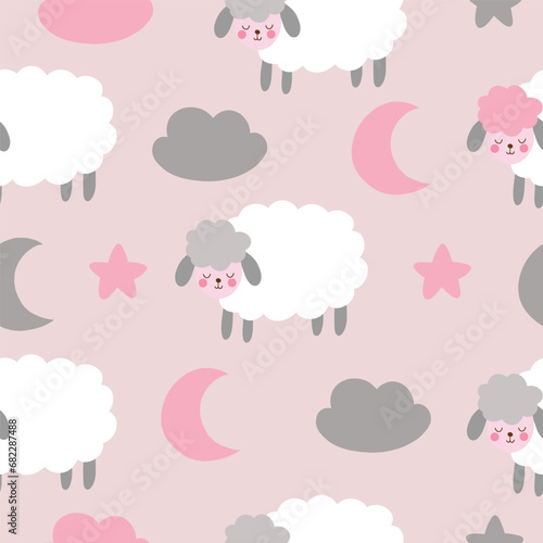Seamless pattern with cute sheep, moon, star, cloud for your fabric, children textile, apparel, nursery decoration, gift wrap paper, baby's shirt. Vector illustration