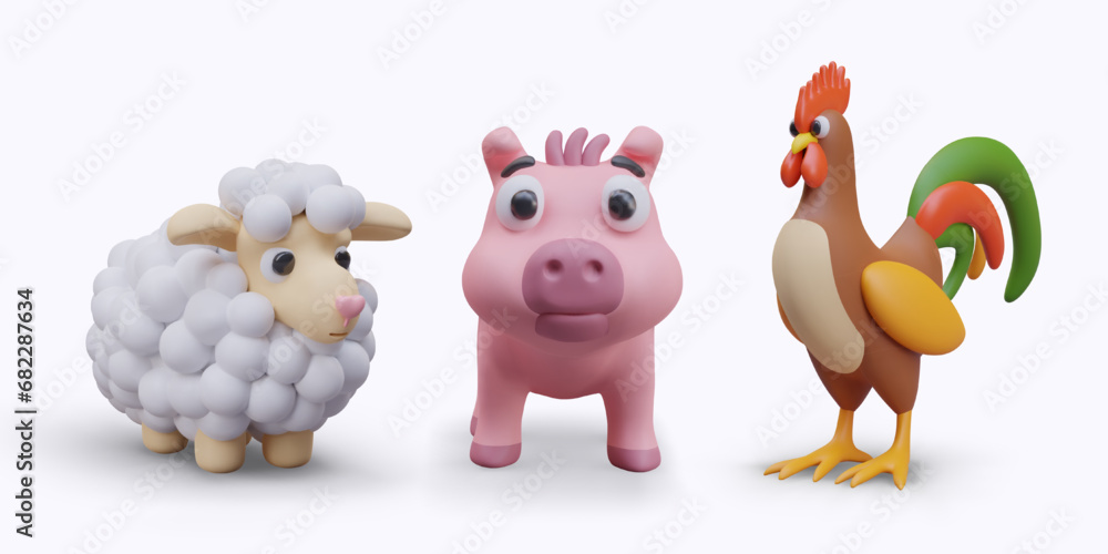 Fototapeta premium Little sheep, pink pig and rooster on white background. Collection of toys for game farm. Cartoon character design. Vector illustration in 3D style with shadow