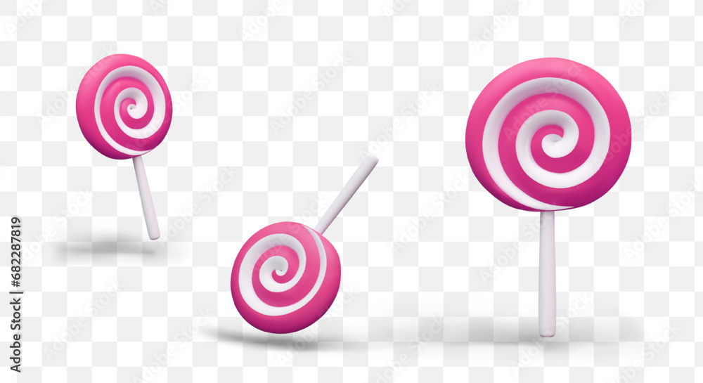 Round spiral candy on stick. Colored lollipop. Vector pink and white caramel in different positions. Isolated image of sweets. Festive beautiful dessert - obrazy, fototapety, plakaty 