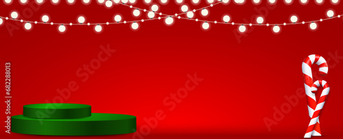 A green podium for advertising products on a red background with Christmas lights. Beautiful christmas background with space for copy. Advertisement, Congratulatory Text, Bright Beautiful Christmas