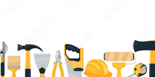 Vector banner of repair tools in cartoon style. Concept of construction and housework. A team of custom builders. Elements for your design. Saw, hammer, etc. photo