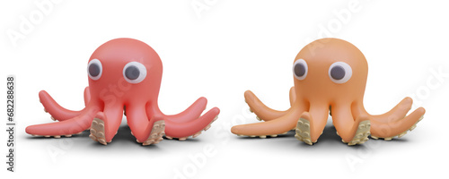 Cute red and orange octopus on white background with shadow. Cute sea inhabitants with eight tentacles. Vector illustration in 3d style with place for text