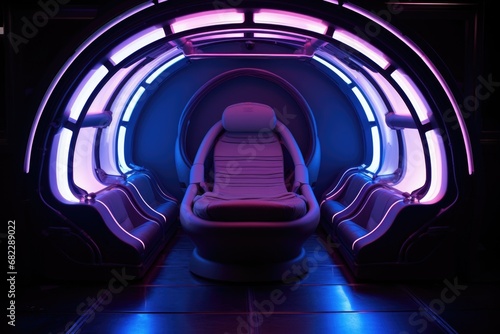 capsule sleeping pod with blue neon lighting inside a spaceship