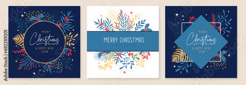 Set of Christmas holiday greeting cards or covers with christmas floral desoration. Vector illustration