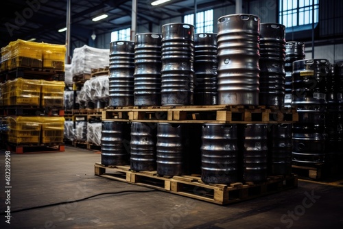 beer kegs stacked in a warehouse, ready for distribution