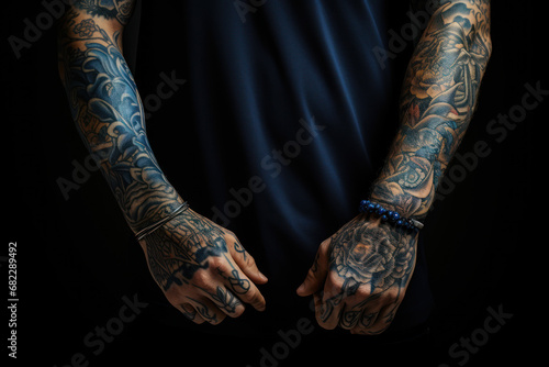A person with a tattooed sleeve, expressing body art as a form of personal storytelling. Concept of self-expression and body positivity. Generative Ai.