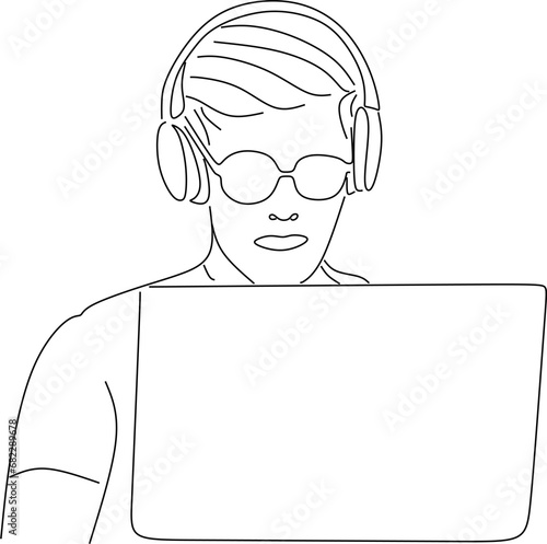 line art of office worker concentrated behind computer