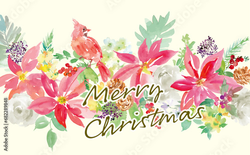 彩で描いたポインセチアとカーディナルのクリスマスカードイラスト

