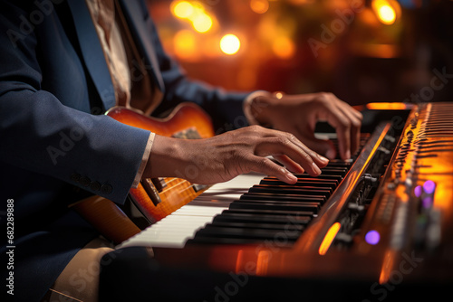 A close-up of a person's hands playing a musical instrument, capturing the harmony of music and skill. Concept of musical talent and passion. Generative Ai.