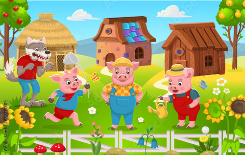  Scene from the fairy tale The Three Little Pigs. Three little pigs stand near their houses made of stone, straw, wood, and an angry, hungry wolf walks nearby. Funny cartoon characters.