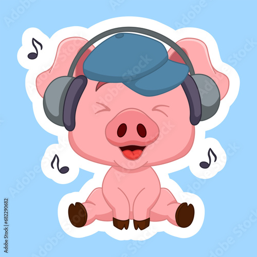 Sticker. Funny Little Pig Listens to Music. Large Headphones, Hat, and Musical Notes. Vector Illustration of a Cute Cartoon Character