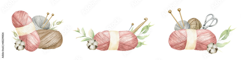 A set of balls of yarn, balls of wool, skeins of yarn, wooden knitting needles, scissors. Isolated watercolor illustrations. For product packaging design, knitter's blog,needlework store