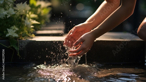 A woman washes her hands in the foreground at a street pillar, an image suggesting hygiene and health.