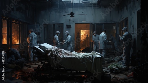 Scene of a dark war hospital, doctors with masks in the rubble with patients on stretchers tending to the wounds of the patients. photo