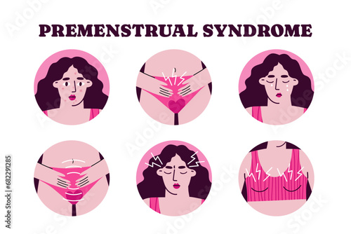 Set of 6 PMS symptoms. Schumann period problems or premenstrual syndrome. Flat vector cartoon modern illustration.