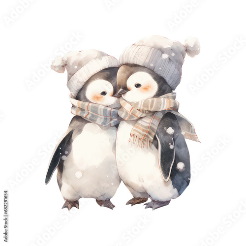 watercolor Christmas cute animal couple in winter