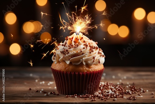 tasty muffin sweet cupcake desserts with frosting on top and disco globes photo