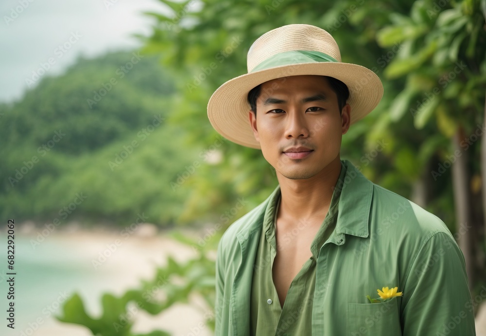 Handsome asian men wearing summer soft green costume and hat, beach and flower on the background