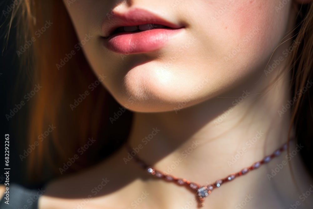 macro shot of a womans neck with a choker necklace