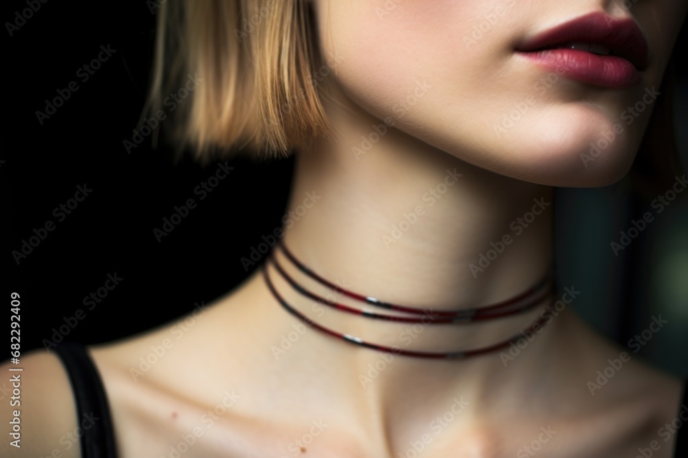 macro shot of a womans neck with a choker necklace