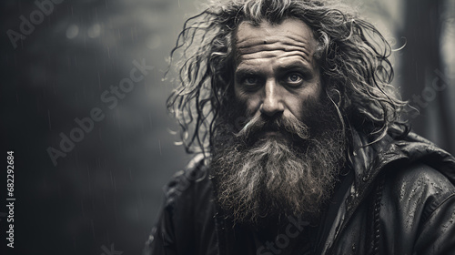homeless in the woods in black and white