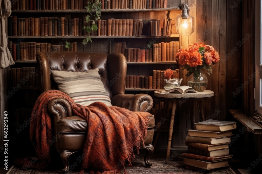 a cozy reading nook with a vintage armchair and stacked books - obrazy, fototapety, plakaty 