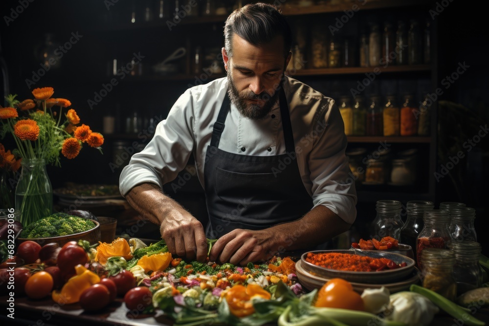  a man standing in front of a table filled with lots of different types of vegetables and a cutting board with carrots, peppers, onions, and other vegetables.