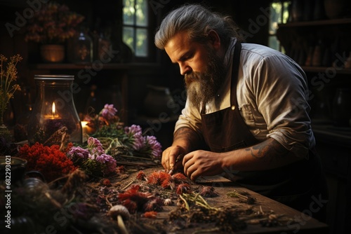  a man in an apron working on a piece of wood with flowers in front of him and a lit candle in the back of the room in the corner of the background.