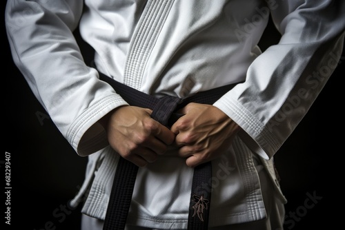 close-up of a jiu-jitsu black belt tied around a white gi
