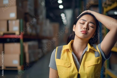 Stressed tired female staff worker sweating from hot weather in summer, working in a warehouse